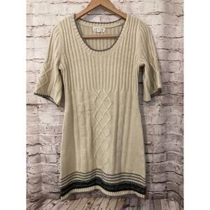 Pink Rose Sweater Dress Womens Large Beige Tan Cable Knit Long Sleeve Stretch